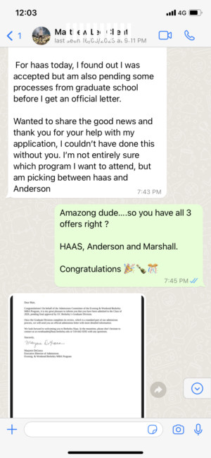 Ameer khatri MBA admission consultant review and feedback from Client who got admitted to Haas UCLA USC marshall MBA program